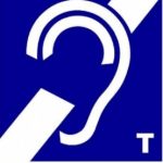 White ear symbol with a diagonal line across it on a blue background, indicating hearing loop or assistive listening system available; a white T is in the bottom right corner.