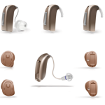 A collection of nine hearing aids in various styles and colors, including behind-the-ear and in-ear models, arranged in three rows on a white background.