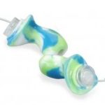 Colorful custom-molded earplugs with a swirl pattern of blue, green, and white, connected by thin, clear strings.