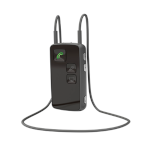 A black personal hearing loop receiver device with buttons and a neck loop cord attached, designed to assist people with hearing loss.